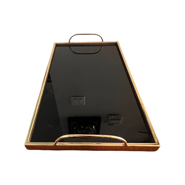 1990s Brass Gold Plated Black Glass Bed Serving Tray Regency Modern Liquor Bar For Sale - Image 5 of 7