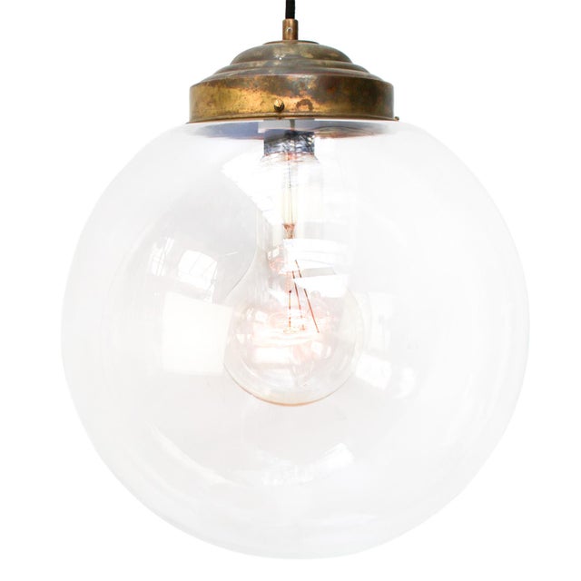 Large Vintage Clear Glass and Brass Globe Pendant Light For Sale - Image 6 of 7