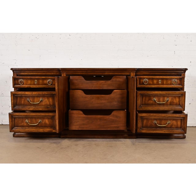 Drexel Heritage Drexel Heritage French Regency Louis XVI Burled Walnut Triple Dresser or Credenza, Circa 1970s For Sale - Image 4 of 11