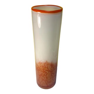 Cylindrical Orange and White Art Glass Vase For Sale