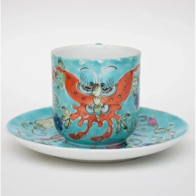 A lovely vintage Asian porcelain set includes 3 pieces and 2 display stands: Circa 1920s-1950s Chinese Famille Verte Cup...