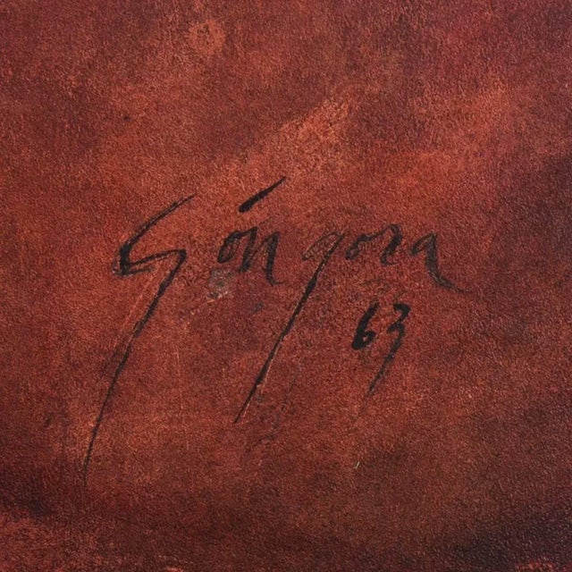 Signed upper left, 'Gongora', dated 1963, and titled verso 'Ataque'. (Colombian) Born in Cartago, Colombia, Gongora...
