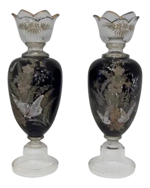 Antique Hand Enameled European Glass Garniture Vases - a Pair