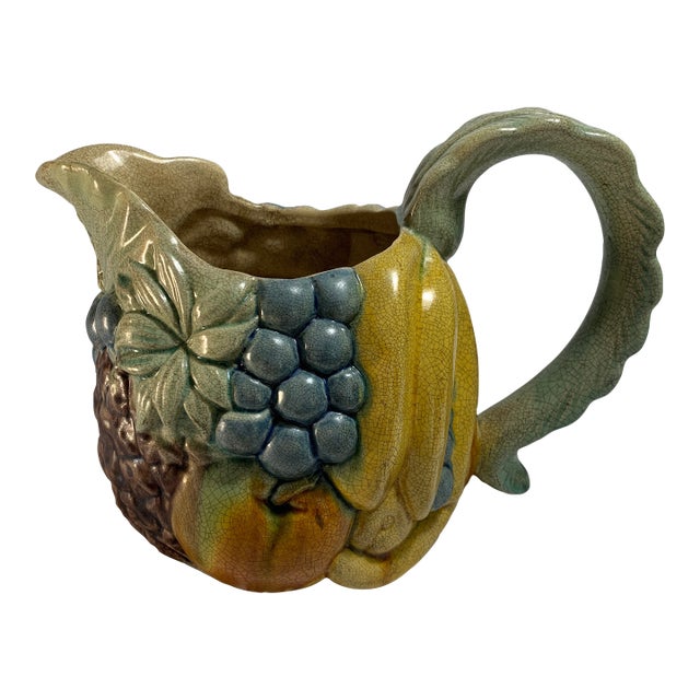 Vintage Majolica-Inspired Ceramic Fruit Pitcher For Sale