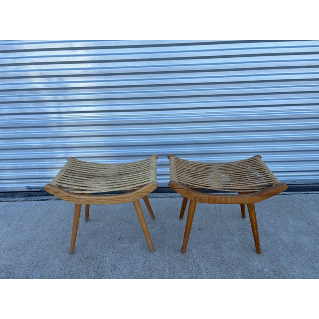 Brown Pair of French Audoux & Minnet Attributed Sycamore and Rope Ottomans For Sale - Image 8 of 10