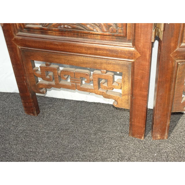 Vintage Oriental Asian Brown Hand Carved Wood Four Panel Screen ~ Room Divider For Sale - Image 12 of 17