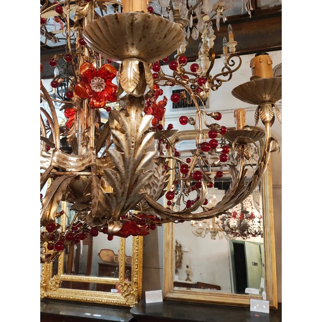 1940s French Gilt Metal Floral Chandelier With Red Glass Berry Accents, Marseille For Sale In New Orleans - Image 6 of 6