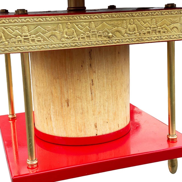 1950s Mid-Century Modern Pagoda Enameled Red Metal & Gold-Tone Tole Chinoiserie Chandelier For Sale - Image 11 of 18