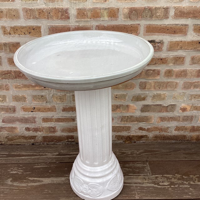 Vintage American Made White Glazed Terracotta Column Pedestal Bird Bath For Sale - Image 11 of 12