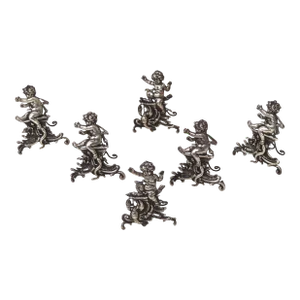 Large Antique Sterling Silver Rococo Putto Dining Table Place Card Holders Set 6