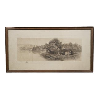 Antique Hc Rost Forked River Landscape Riverscape Cottage Etching 30" For Sale