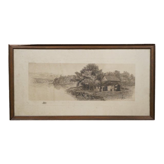 Antique Hc Rost Forked River Landscape Riverscape Cottage Etching 30" For Sale