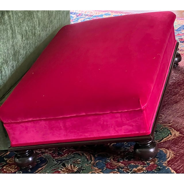Custom Fuchsia Pink Velvet Cocktail Ottoman With Dark Wood Base & Bun Feet For Sale - Image 10 of 11