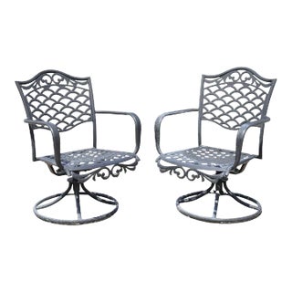 Late 20th Century Mediterranean Style Aluminum Swivel and Tilt Black Tuscan Garden Patio Chairs - Set of 2 For Sale