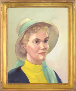Mid 20th Century Portrait Oil Painting of a Woman Wearing a Sun Hat by Jon Blanchette, Framed