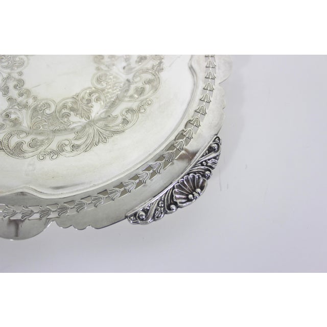 Vintage 9.75” Silver Tray With Shell Detail Corners, Round Silver Plated Dish With Pierced Cutout and Tulip Design For Sale - Image 4 of 8