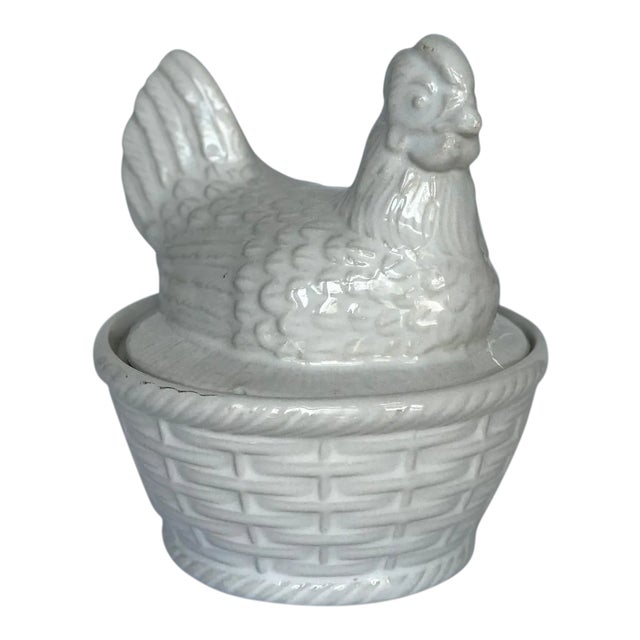White Ceramic Hen Sitting on a Basket Dish Made in Portugal Chairish