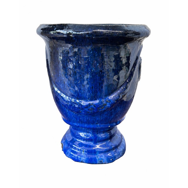 French Provincial Vintage Cobalt Blue Glazed Art Pottery Urn Planter, Early to Mid-20th Century For Sale - Image 3 of 7
