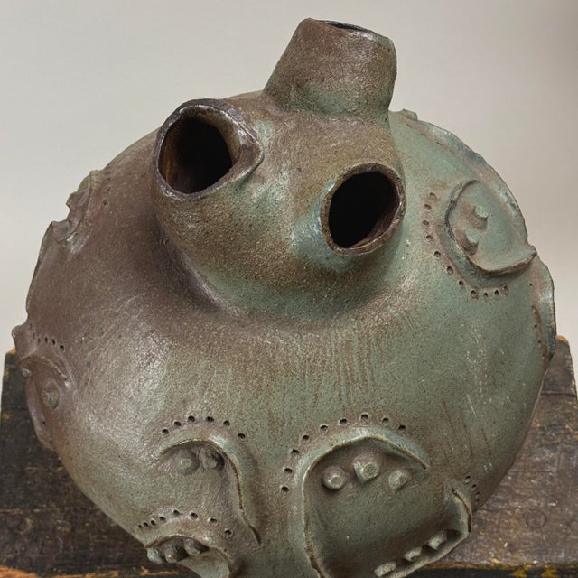 1970s Vintage Monumental Modernist Sculptural Three-Spout Stoneware Vessel, Signed For Sale - Image 5 of 10