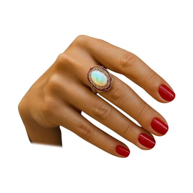 Bochic “Orient” Vintage Art Deco Ruby & Fire Opal Ring Set In 18 K Gold & Silver For Sale - Image 4 of 12