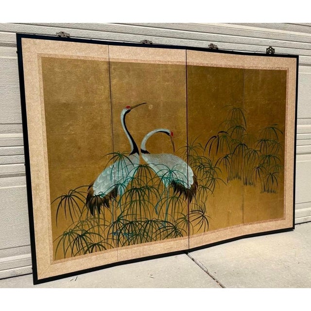 Early 20th Century Japanese Four-Fold Byobu Screen With Cranes and Young Bamboo For Sale - Image 15 of 18