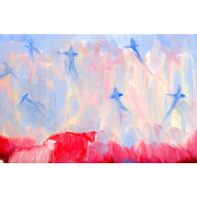 Sheep, Angels, Birds II, Vintage Style Mid Century Modern Oil Painting by Alexandra Swistak For Sale - Image 6 of 8