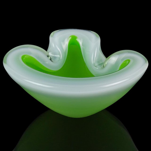 Murano Murano Vintage Opalescent Green White Italian Art Glass Decorative Folded Rim Bowl Ashtray For Sale - Image 4 of 6