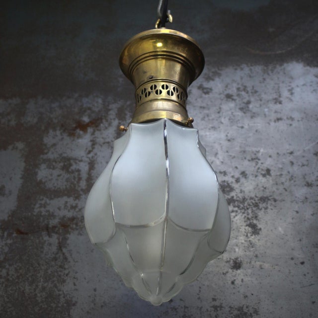 French Art Deco Etched Glass and Gilt Brass Pendant Lamp, 1920s For Sale - Image 4 of 10