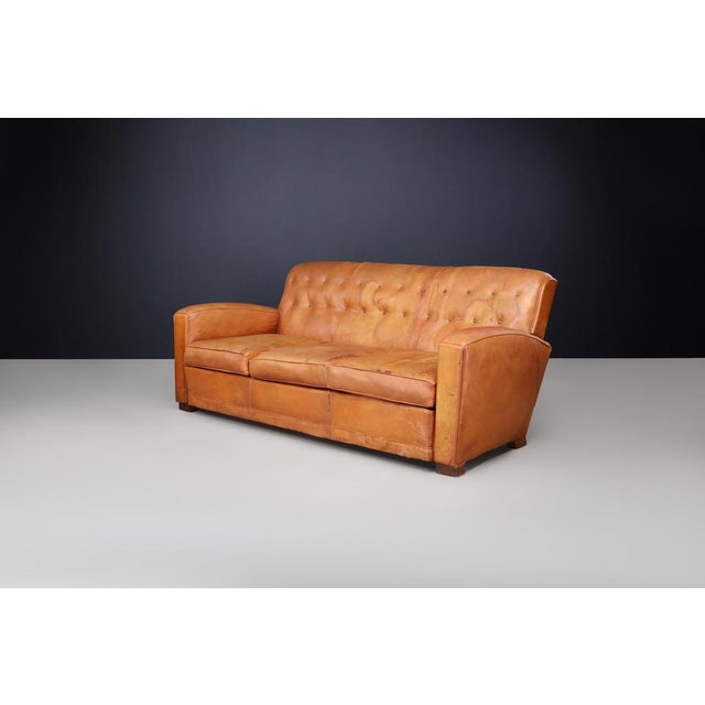 1930s French Art Deco Patinated Leather Lounge Sofa, 1930s For Sale - Image 5 of 11