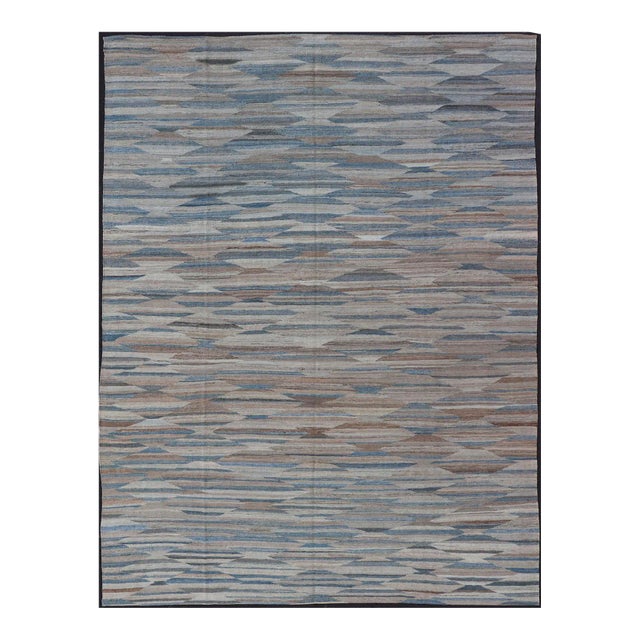 Afghan Modern Kilim All-Over Design in Blues Browns and Tan For Sale