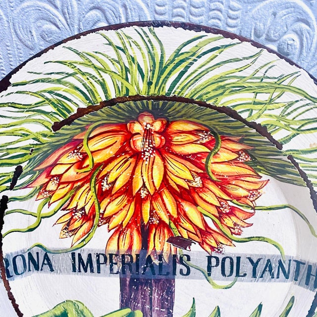 Beautiful vintage botanical hand painted round wood platter would highlight any room.