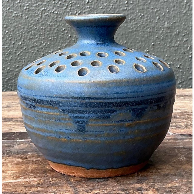 Mid-Century Modern Vintage Original Studio Pottery Pierced Vase For Sale - Image 3 of 12
