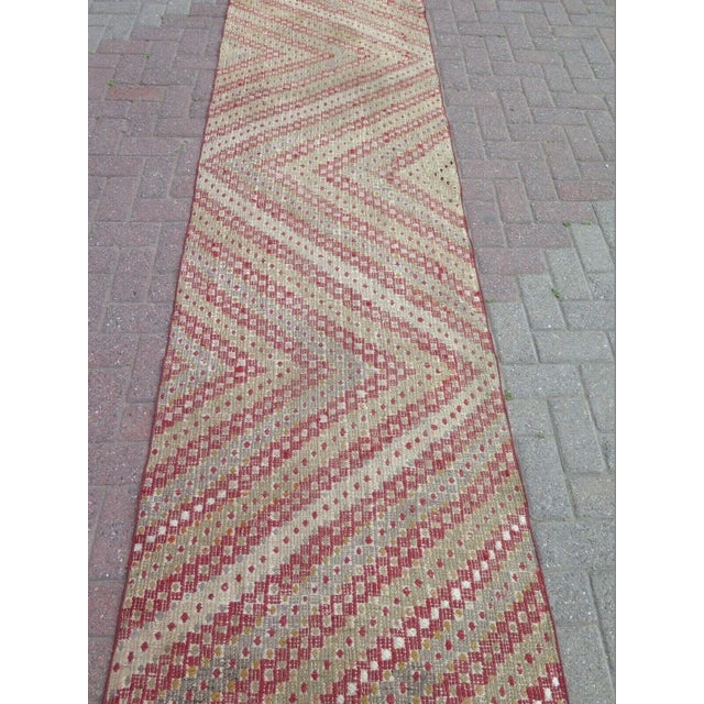 Contemporary 1960s Vintage Distressed Embroidered Kilim Runner - 32"x123" For Sale - Image 3 of 13