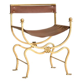 Italian Gold-Leaf + Leather Accent Chair, 1960s - 2 Available For Sale