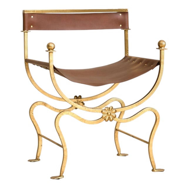 Italian Gold-Leaf + Leather Accent Chair, 1960s - 2 Available For Sale