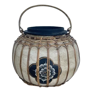 Vintage Asian Paper Mache Rattan Wrapped Container With Handle