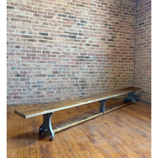 Mid 20th Century 10-Foot Antique Industrial Maple Butcher Block & Cast Iron Locker Room Bench For Sale - Image 5 of 16