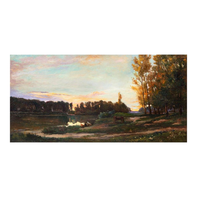 French Barbizon Antique 19th Century Oil Landcape River Painting For Sale