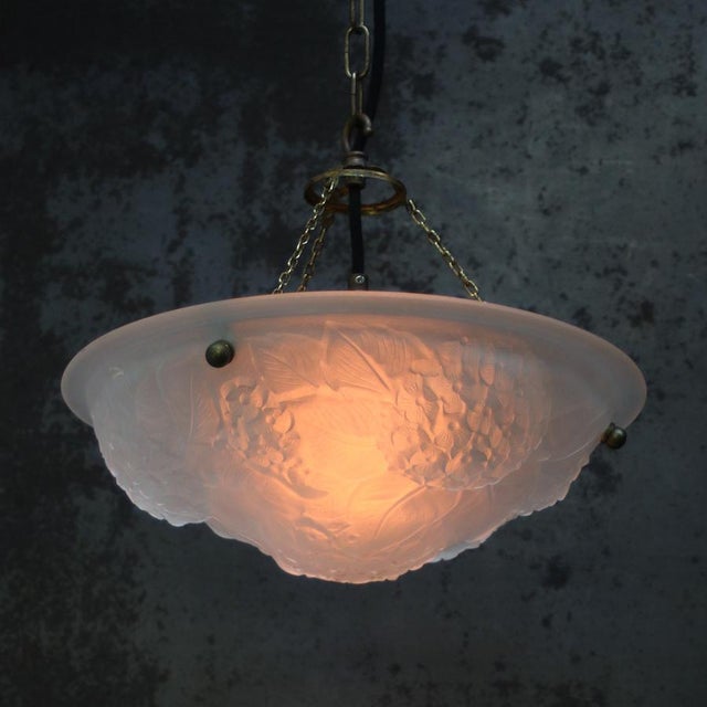 Art Nouveau French Brass and White Pressed Glass Pendant Light, 1920s For Sale - Image 6 of 8