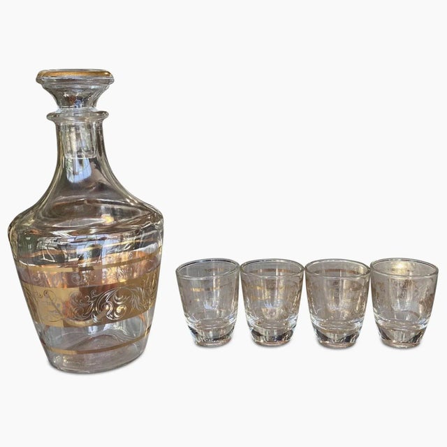 Metal Small Gold Trimmed Vintage French Cocktail Carafe and Four Shot Glass Set For Sale - Image 7 of 8