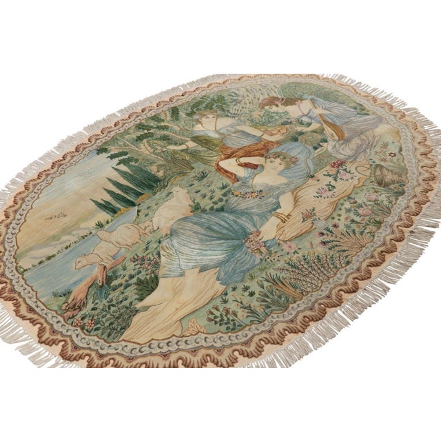 1950s Vintage Persian Tabriz Oval Rug With Human and Landscape Pictorial - Rug & Kilim For Sale - Image 5 of 9