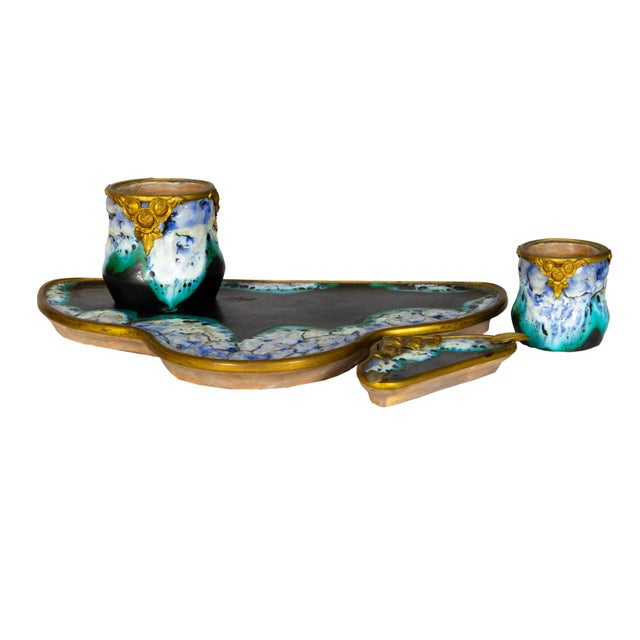 Art Nouveau Desk Set in Ceramic and Gilt Bronze, France, 1900s, Set of 4 For Sale - Image 10 of 12