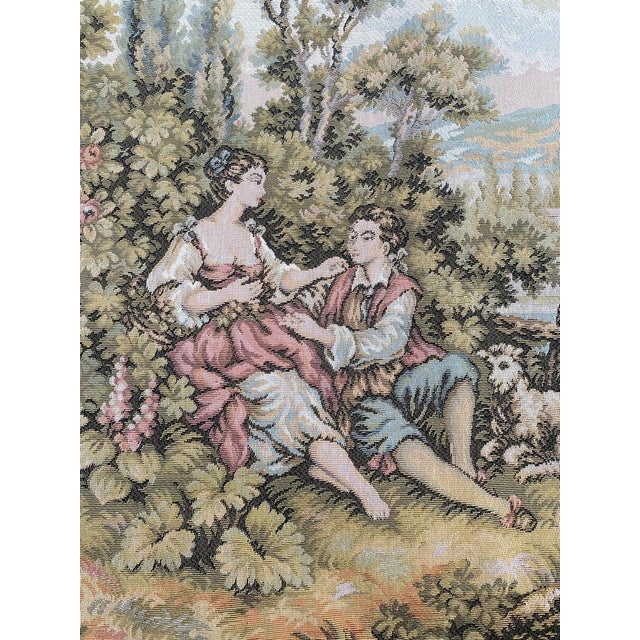 Nice French tapestry with beautiful gallant scenes with lovers on the beach and nice colors, mechanical Jaquar...