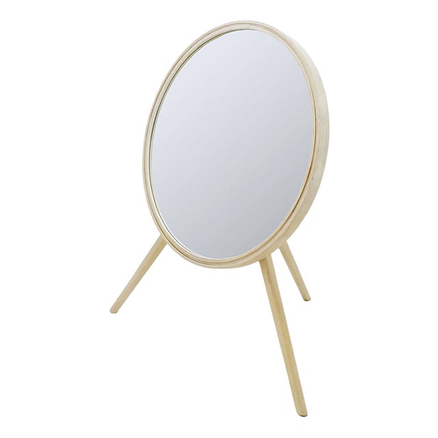 Round Tripod White-Washed Wood Floor Mirror For Sale