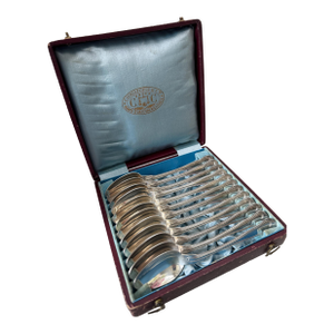 Vintage or Antique Christofle Silver Plated Chinon Pattern Coffee or Dessert Spoons 5.5" in Box - Set of 12