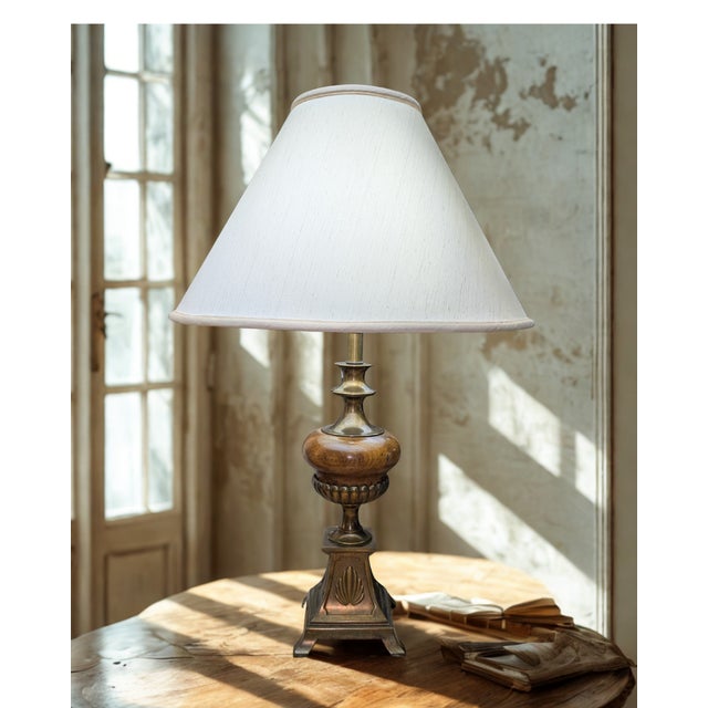 Vintage Brass & Wood Table Lamp, Urn Body, Shell Motif Base, No Shade For Sale - Image 11 of 11