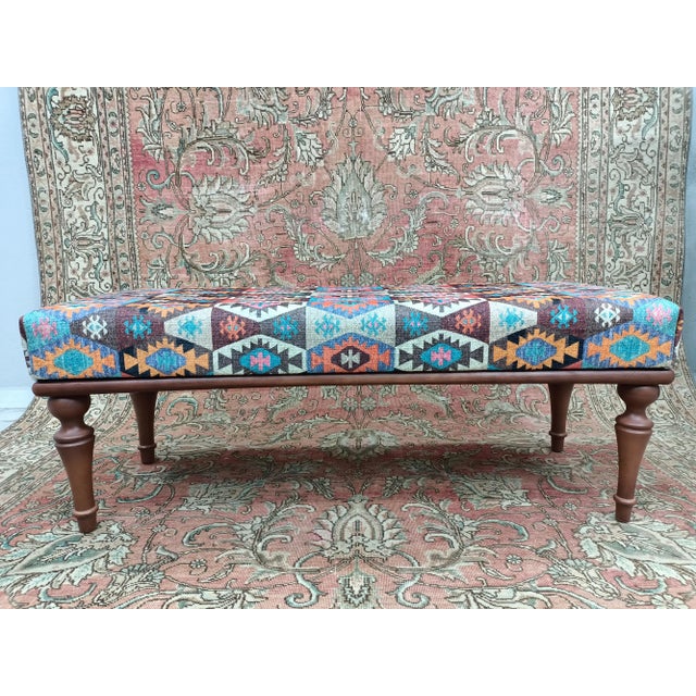 Aztec Rug Print Fabric Upholstered Bench For Sale - Image 9 of 9