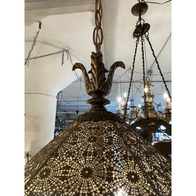 1960s Spanish Brass Four Light Pierced Metal Lace Shade Ceiling Fixture For Sale - Image 9 of 12