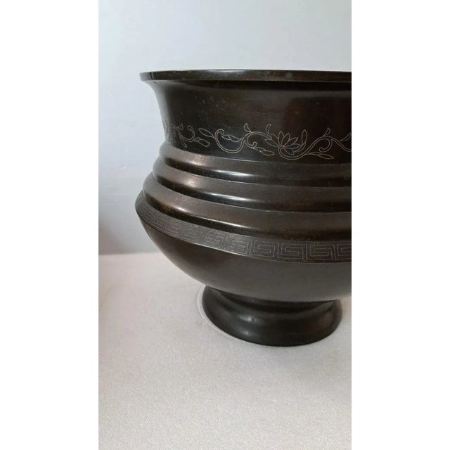 Early 20th Century Asian Bronze Pot Planter W/Embossed Floral & Geometric For Sale In West Palm - Image 6 of 10