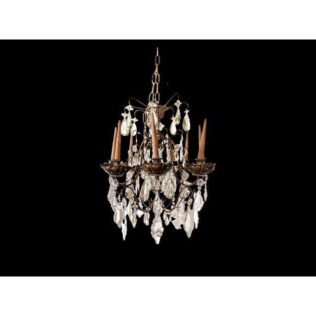 French Maison Jansen Eight-Light Crystal and Gilded Bronze Chandelier, French Ca. 1950 For Sale - Image 3 of 8